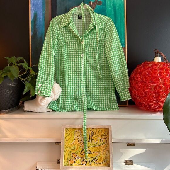 Vintage Green and white houndstooth print dress w matching maxi skirt Small - Picture 15 of 16